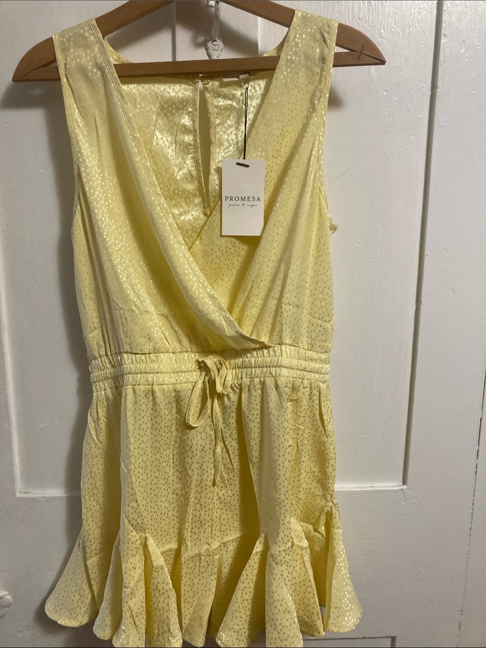 Promesa Pale Yellow Satin Wrap Romper with Ruffle Hem